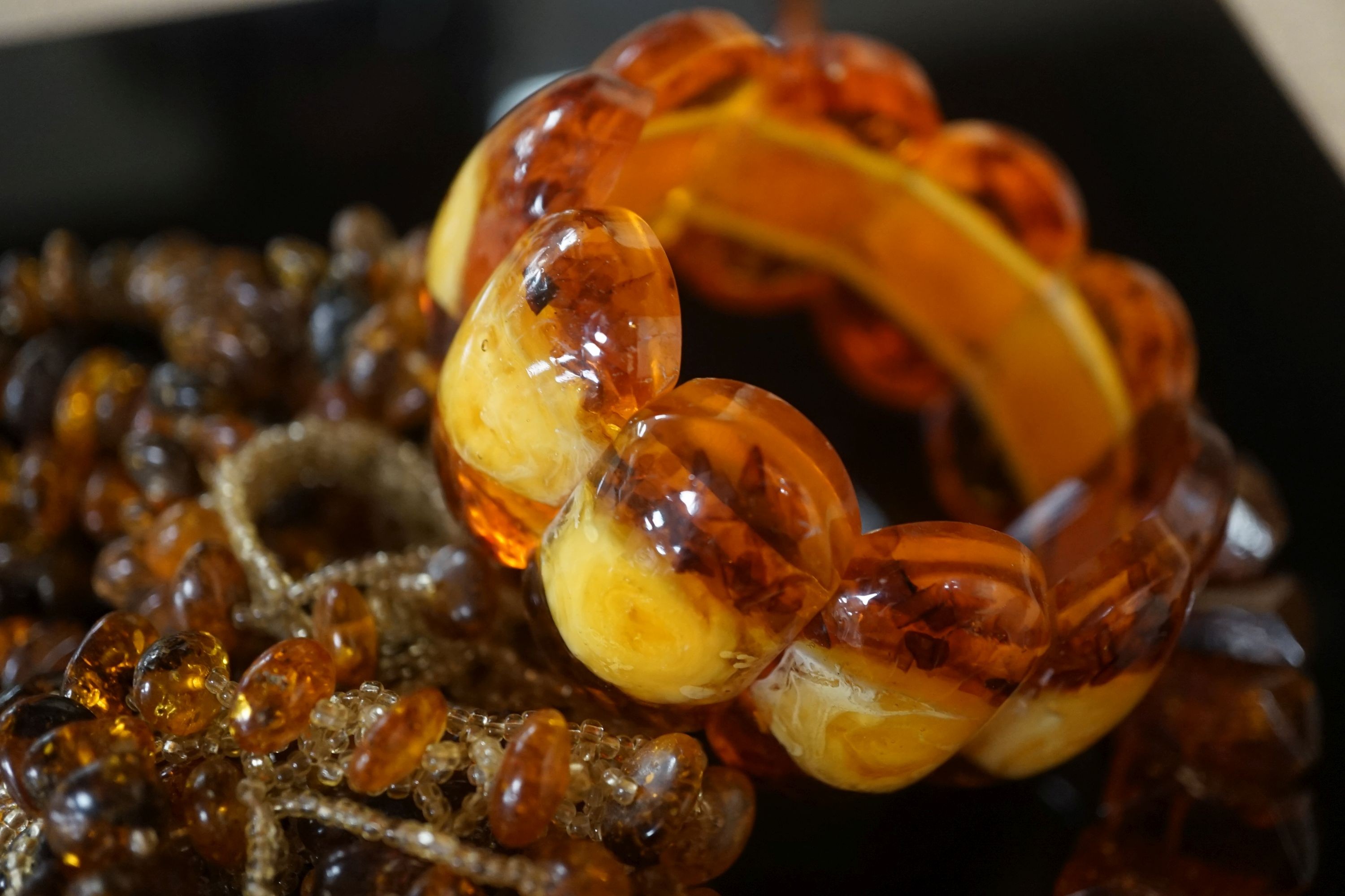 Mixed amber and amberoid jewellery.